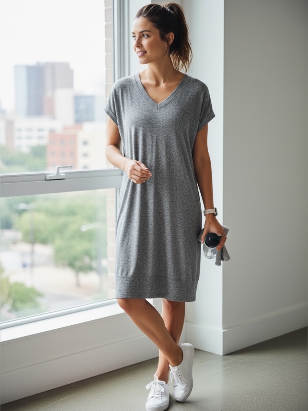Athleta After Hours Sweater Dress XS Gray Marled Knit V Neck Casual Travel Dress